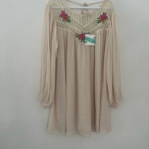 Umgee Cream Tunic Dress with Pink & Green Floral Embroidery